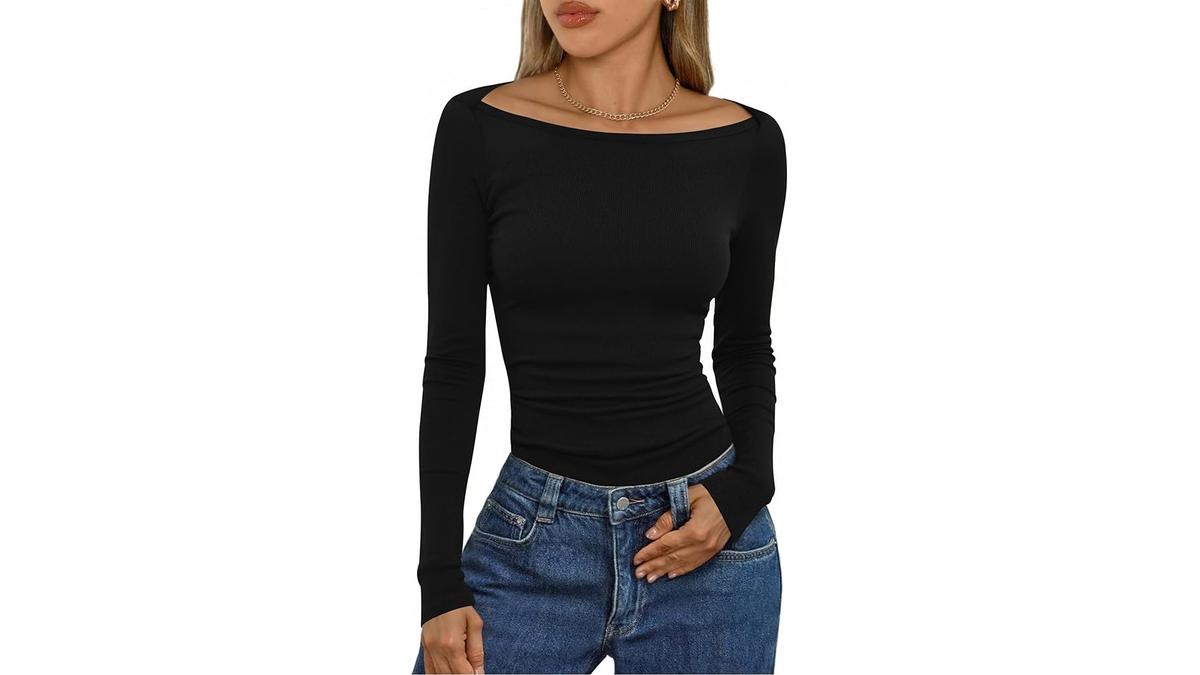 Maglia Donna Maniche Lunghe Scollo Barca Slim Fit Elegante Basic Casual